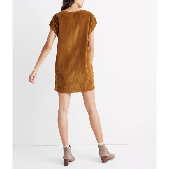 Madewell Corduroy Side-Button Shift Dress V-Neck Medium Antique Gold Casual Styl - Picture 2 of 14